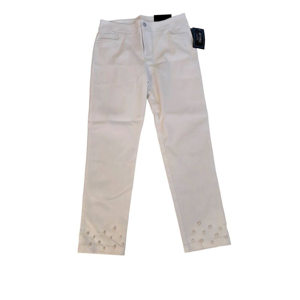 NWT Attyre Women's Audrey Embellished Hem Stretch Slim Ankle Pants White Size 10